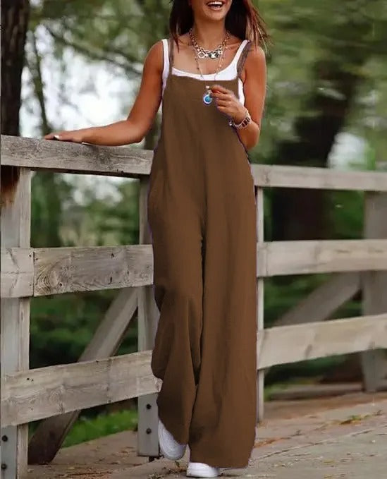 Layla | Women's Linen Wide Leg Pants Sleeveless Bib Overall Jumpsuit