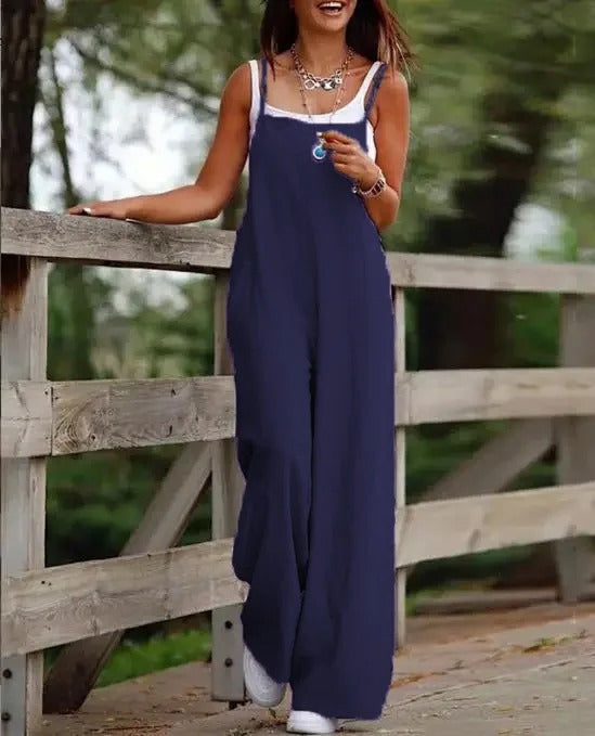 Layla | Women's Linen Wide Leg Pants Sleeveless Bib Overall Jumpsuit