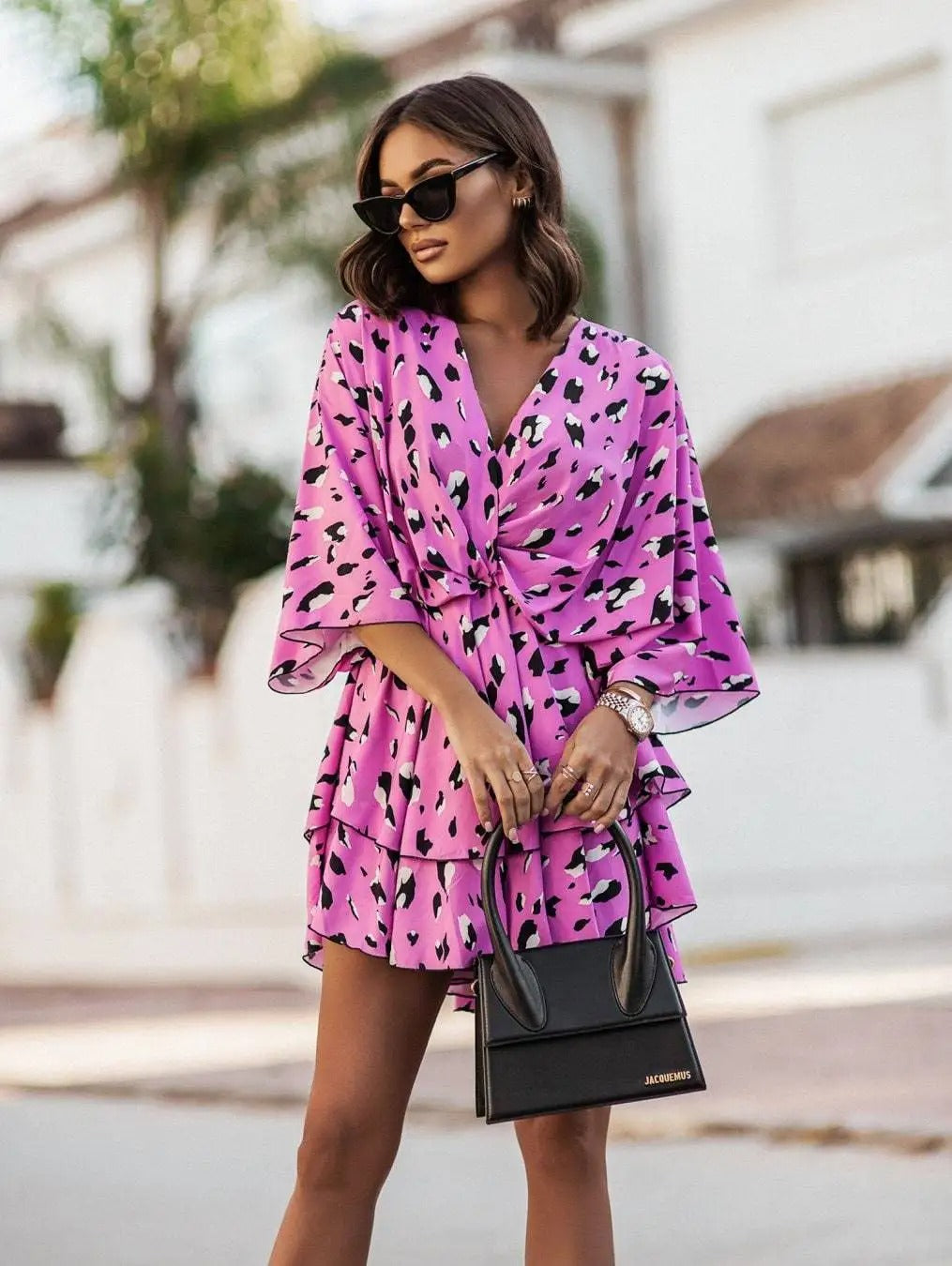 Mia | Women's Boho Tropical-Print Mini Cocktail Dress Tiered Skirt