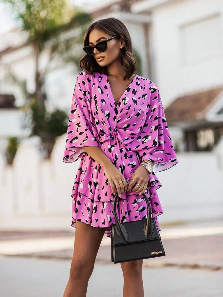 Mia | Women's Boho Tropical-Print Mini Cocktail Dress Tiered Skirt