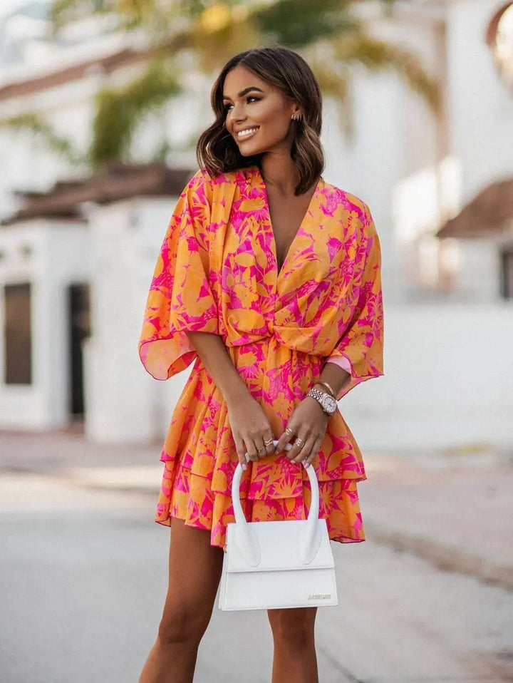 Mia | Women's Boho Tropical-Print Mini Cocktail Dress Tiered Skirt