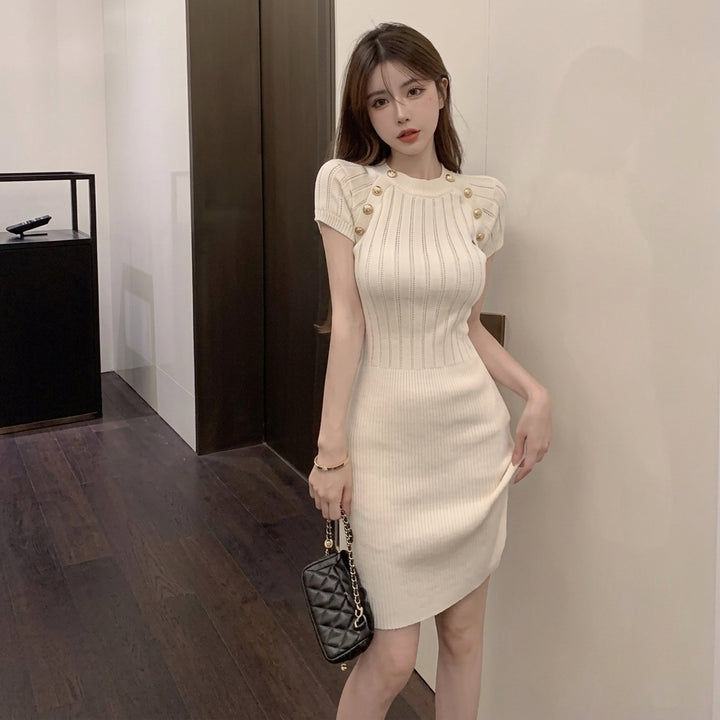 Madison | Women's Ribbed Knit Short-Sleeve Eyelet Mini Dress