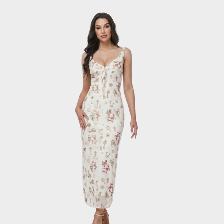Evelyn | Women's Floral Ruffle Strap Fitted Winter Wedding Guest Maxi Dress