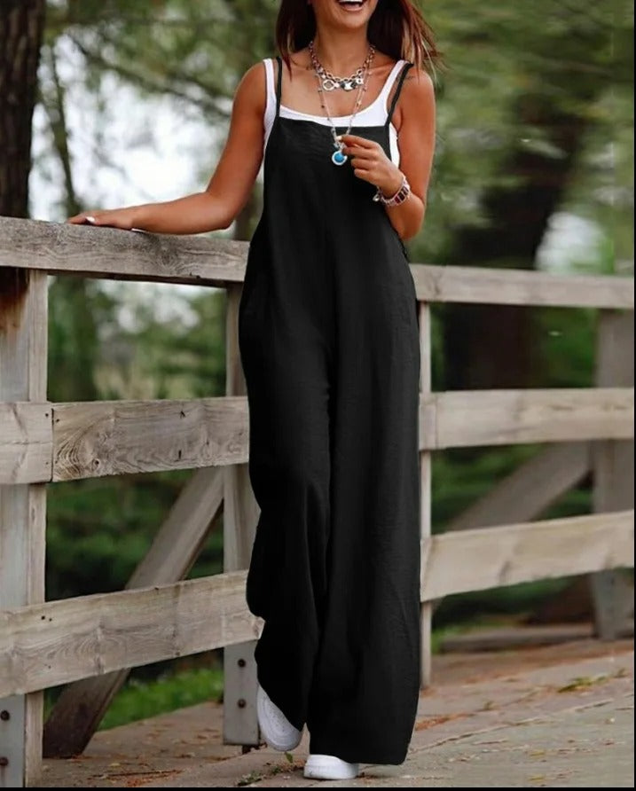 Layla | Women's Linen Wide Leg Pants Sleeveless Bib Overall Jumpsuit