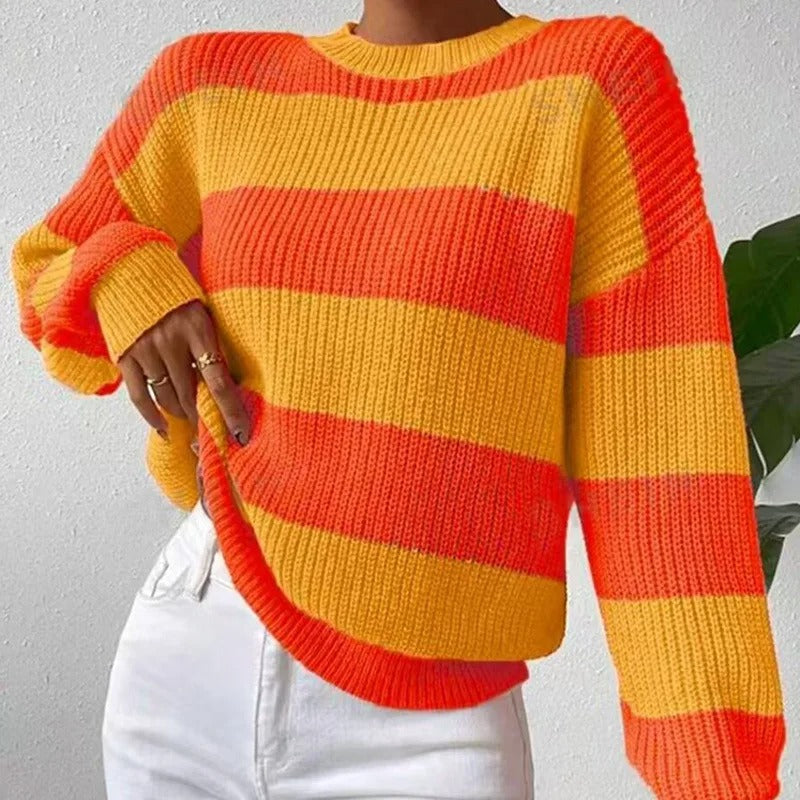 Grace | Women's Striped Relaxed-Fit Crew-Neck Knit Pullover Sweater