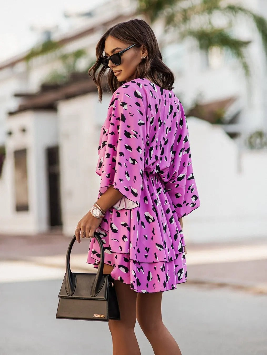 Mia | Women's Boho Tropical-Print Mini Cocktail Dress Tiered Skirt