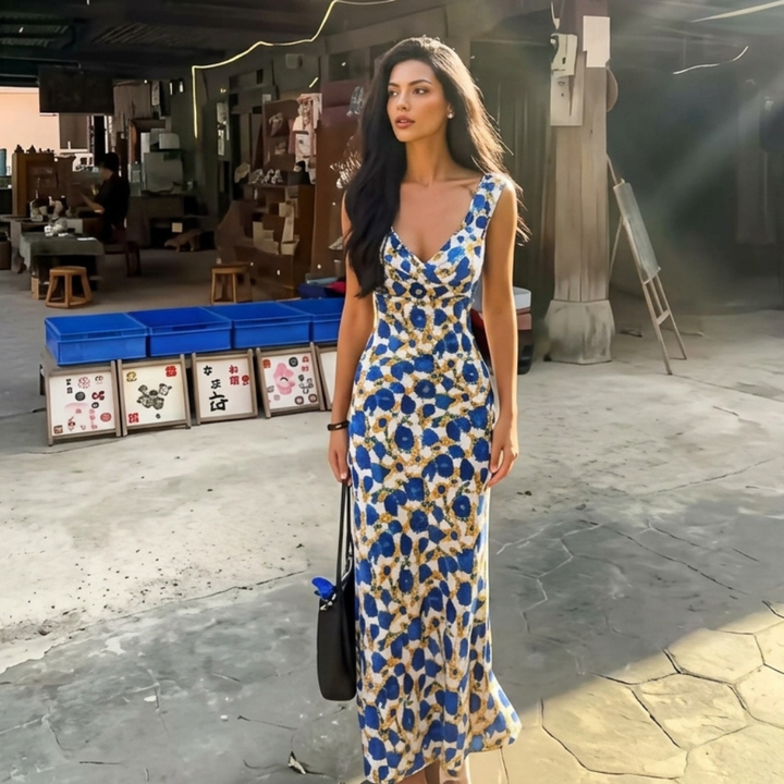 Evelyn | Women's Floral Ruffle Strap Fitted Winter Wedding Guest Maxi Dress
