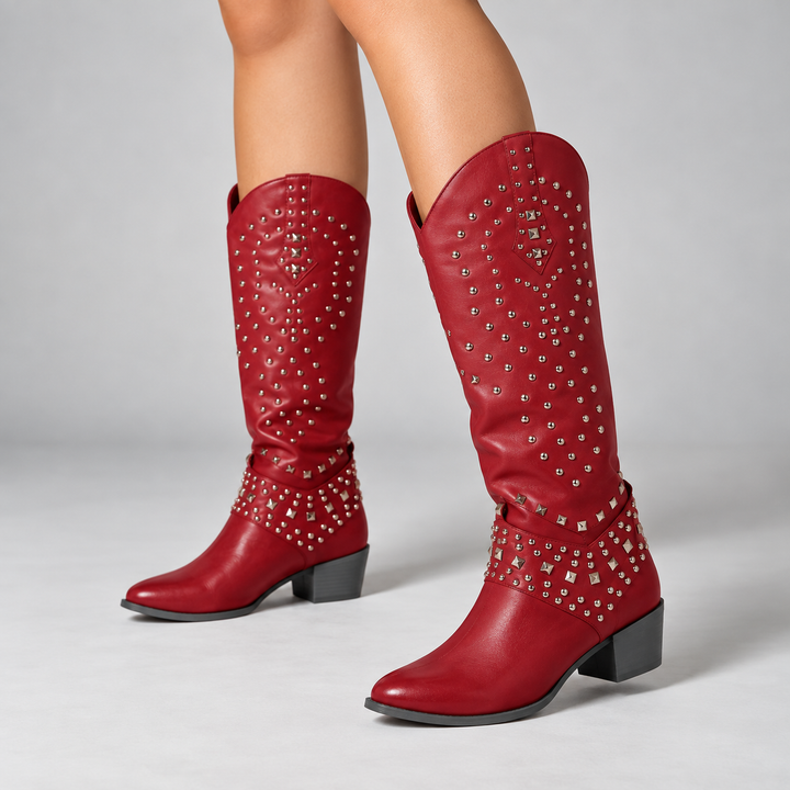 Victoria | Women's Studded Western Knee High Boots Block Heel Pointed Toe