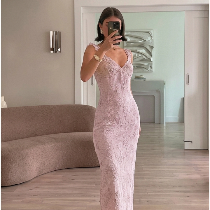 Evelyn | Women's Floral Ruffle Strap Fitted Winter Wedding Guest Maxi Dress