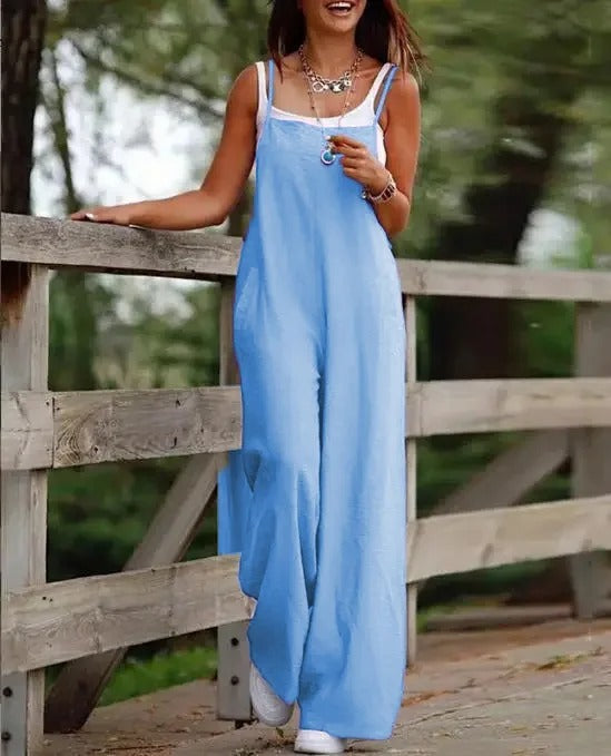 Layla | Women's Linen Wide Leg Pants Sleeveless Bib Overall Jumpsuit