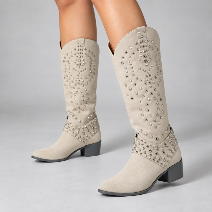 Victoria | Women's Studded Western Knee High Boots Block Heel Pointed Toe