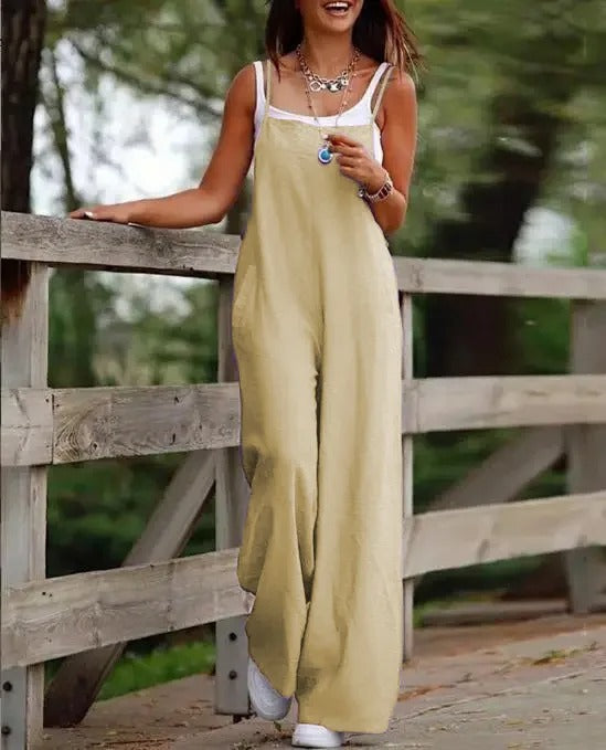 Layla | Women's Linen Wide Leg Pants Sleeveless Bib Overall Jumpsuit