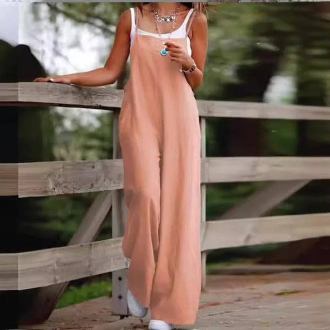 Layla | Women's Linen Wide Leg Pants Sleeveless Bib Overall Jumpsuit