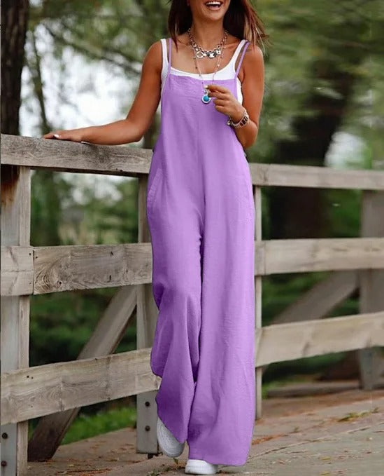 Layla | Women's Linen Wide Leg Pants Sleeveless Bib Overall Jumpsuit