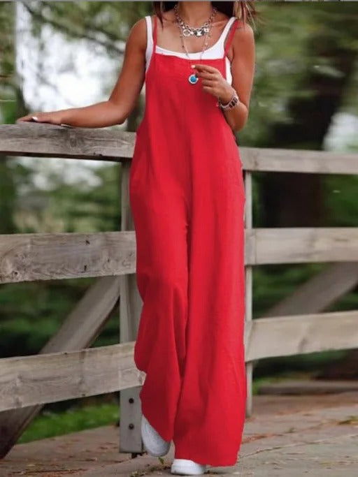 Layla | Women's Linen Wide Leg Pants Sleeveless Bib Overall Jumpsuit
