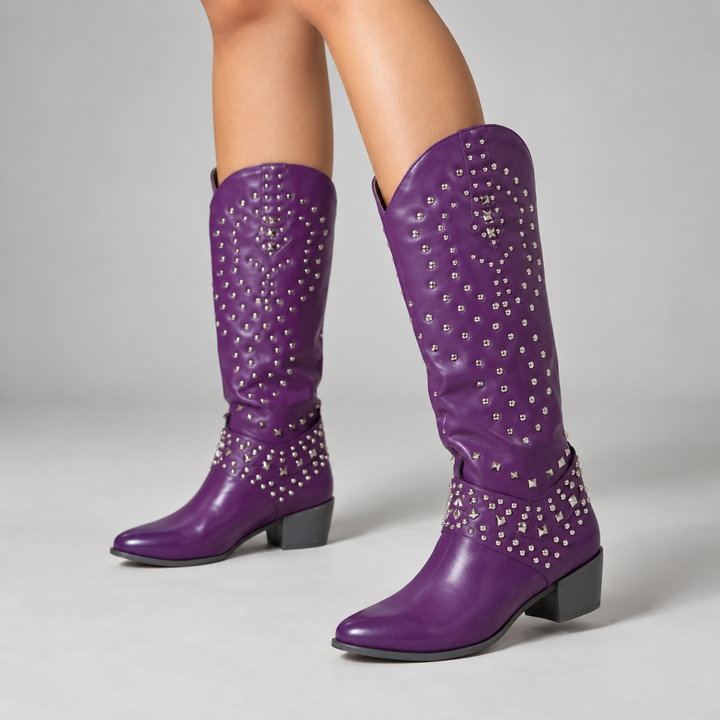 Victoria | Women's Studded Western Knee High Boots Block Heel Pointed Toe
