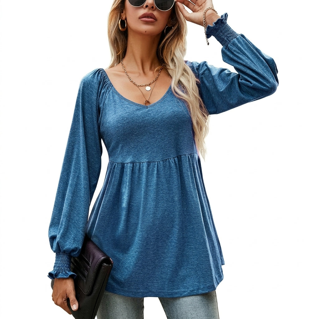 Eleanor | Women's Babydoll Empire-Waist Long-Sleeve V-Neck Tunic