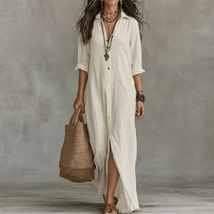 Emma | Women's Fall Wedding Guest Dress Long-Sleeve Button-Front Midi Shirtdress