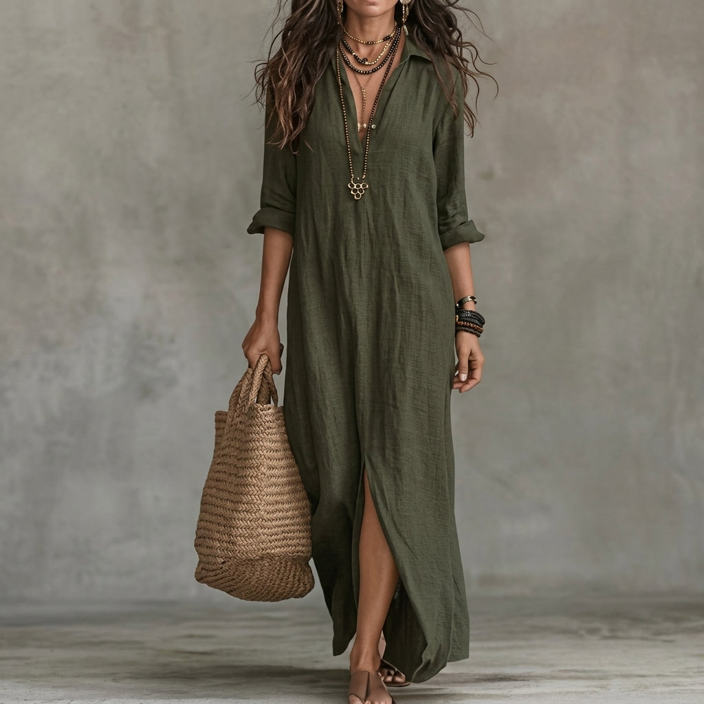 Emma | Women's Fall Wedding Guest Dress Long-Sleeve Button-Front Midi Shirtdress