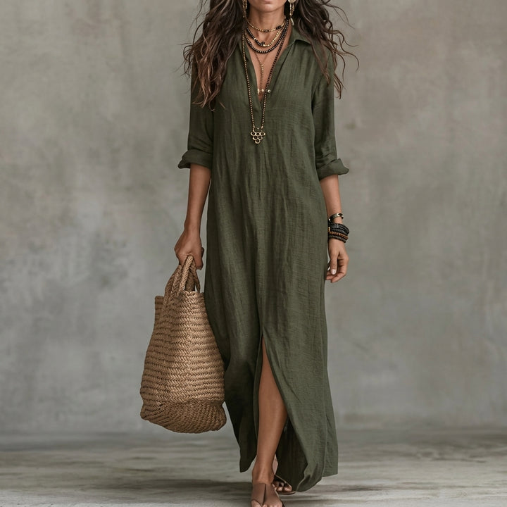 Emma | Women's Fall Wedding Guest Dress Long-Sleeve Button-Front Midi Shirtdress