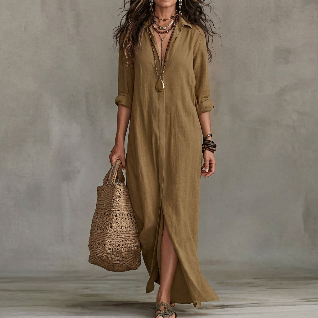 Emma | Women's Fall Wedding Guest Dress Long-Sleeve Button-Front Midi Shirtdress