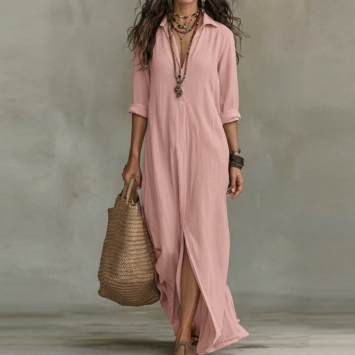 Emma | Women's Fall Wedding Guest Dress Long-Sleeve Button-Front Midi Shirtdress