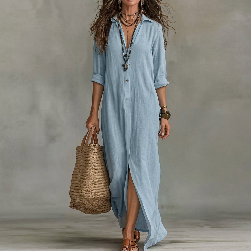 Emma | Women's Fall Wedding Guest Dress Long-Sleeve Button-Front Midi Shirtdress
