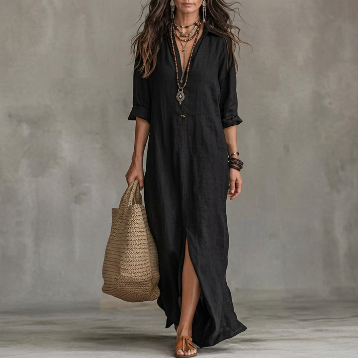 Emma | Women's Fall Wedding Guest Dress Long-Sleeve Button-Front Midi Shirtdress