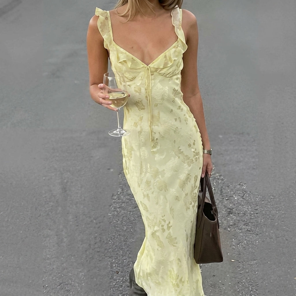 Evelyn | Women's Floral Ruffle Strap Fitted Winter Wedding Guest Maxi Dress