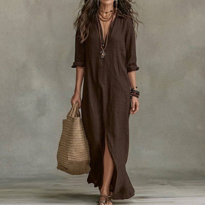 Emma | Women's Fall Wedding Guest Dress Long-Sleeve Button-Front Midi Shirtdress