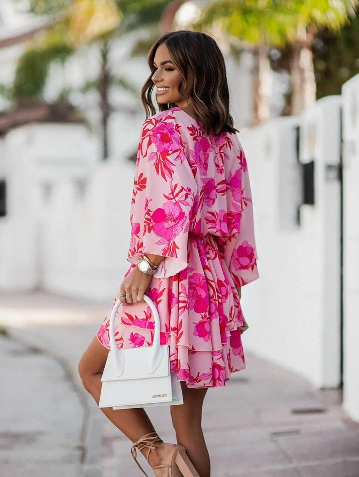Mia | Women's Boho Tropical-Print Mini Cocktail Dress Tiered Skirt
