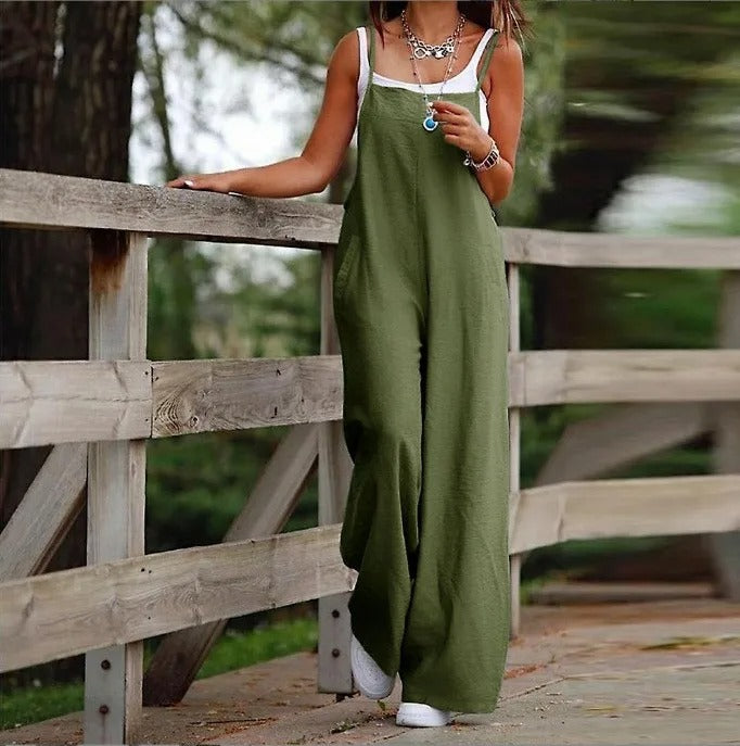 Layla | Women's Linen Wide Leg Pants Sleeveless Bib Overall Jumpsuit