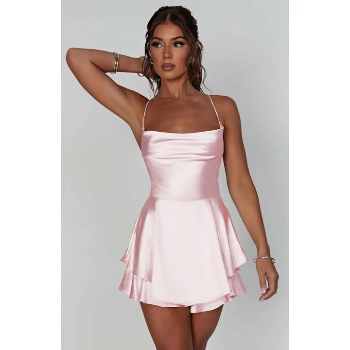 Mia | Women's Satin Open-Back Mini Cocktail Dress V-Neck Pleated Skater