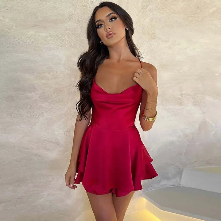 Mia | Women's Satin Open-Back Mini Cocktail Dress V-Neck Pleated Skater