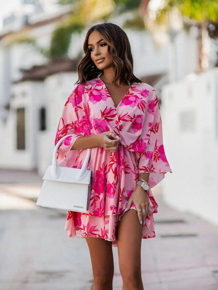 Mia | Women's Boho Tropical-Print Mini Cocktail Dress Tiered Skirt