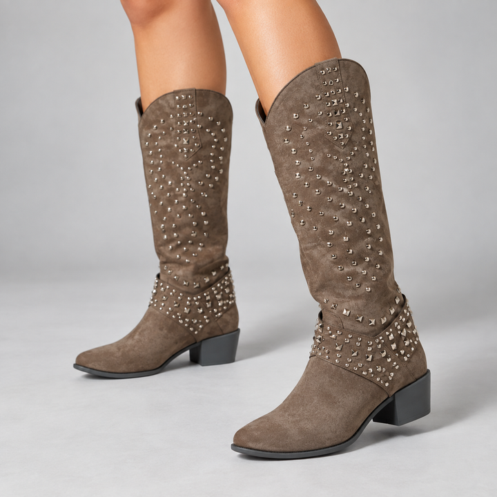 Victoria | Women's Studded Western Knee High Boots Block Heel Pointed Toe