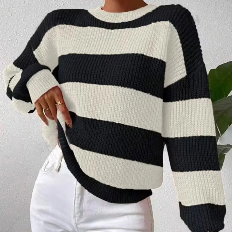 Grace | Women's Striped Relaxed-Fit Crew-Neck Knit Pullover Sweater