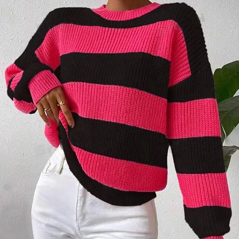 Grace | Women's Striped Relaxed-Fit Crew-Neck Knit Pullover Sweater