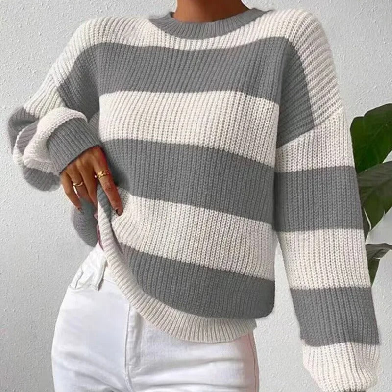 Grace | Women's Striped Relaxed-Fit Crew-Neck Knit Pullover Sweater