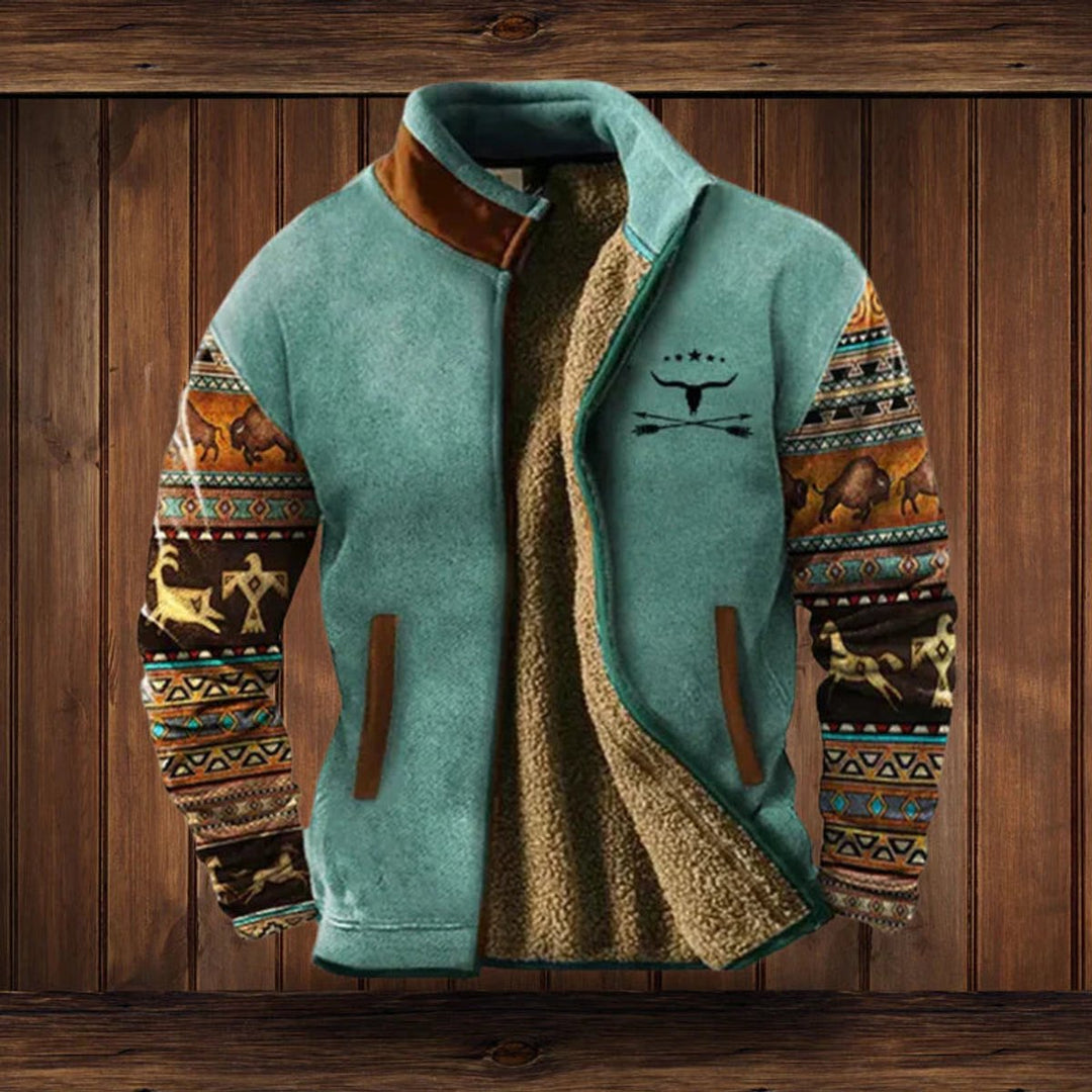 Men's Aztec Print Sherpa-Lined Full-Zip Mens Cardigan Jacket - Blue with Print