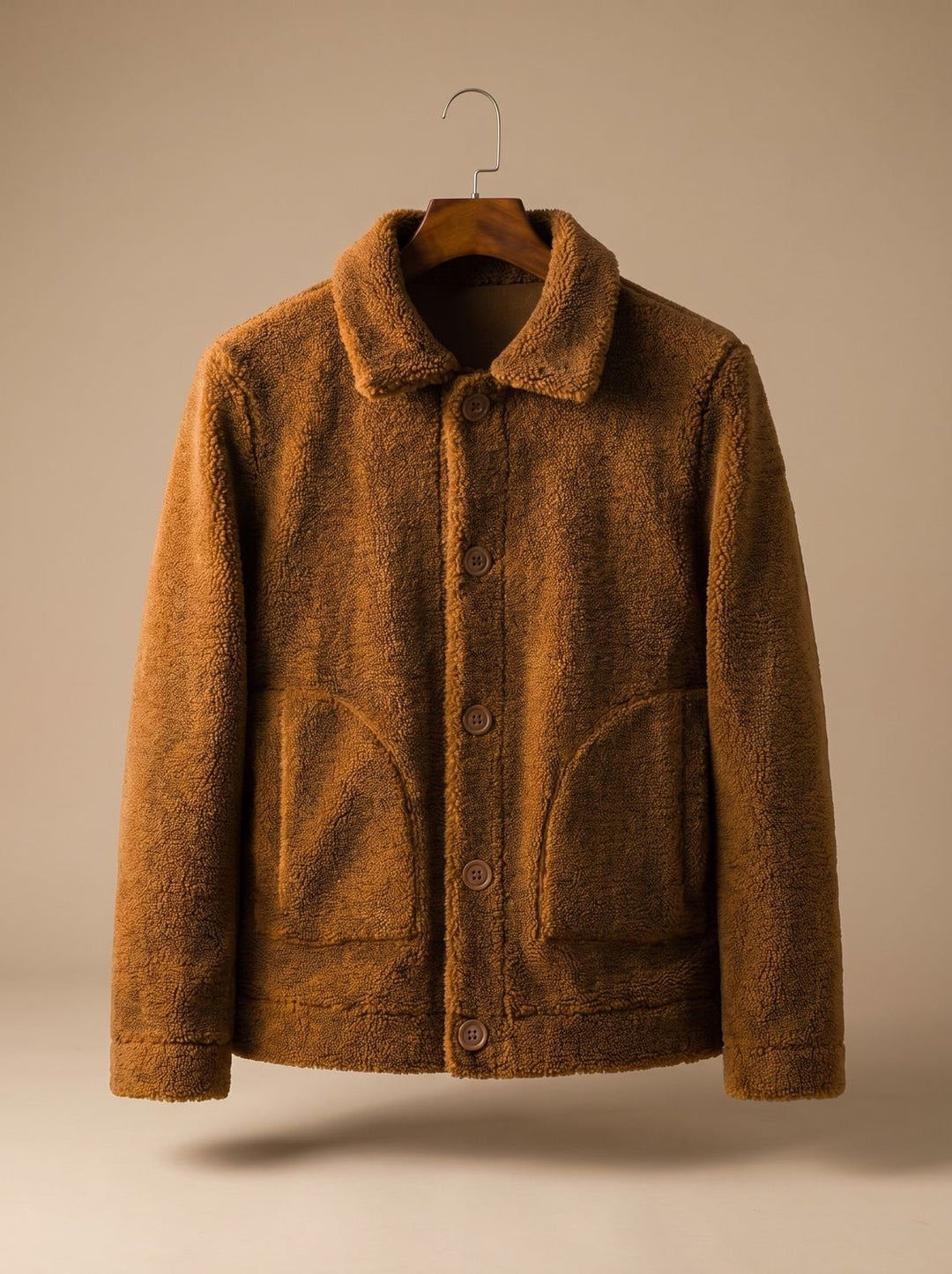 Men's Button-Front Teddy Fleece Shearling Jacket - Camel