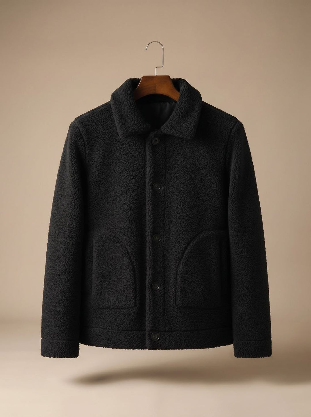 Men's Button-Front Teddy Fleece Shearling Jacket - Black
