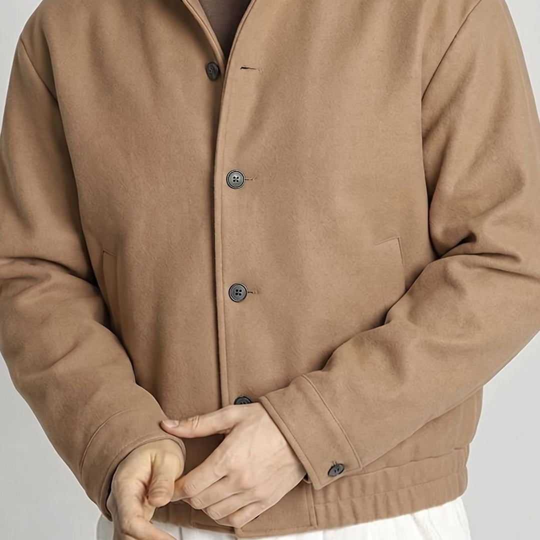 Men's Button-Front Wool-Look Bomber Jacket Stand Collar - Khaki