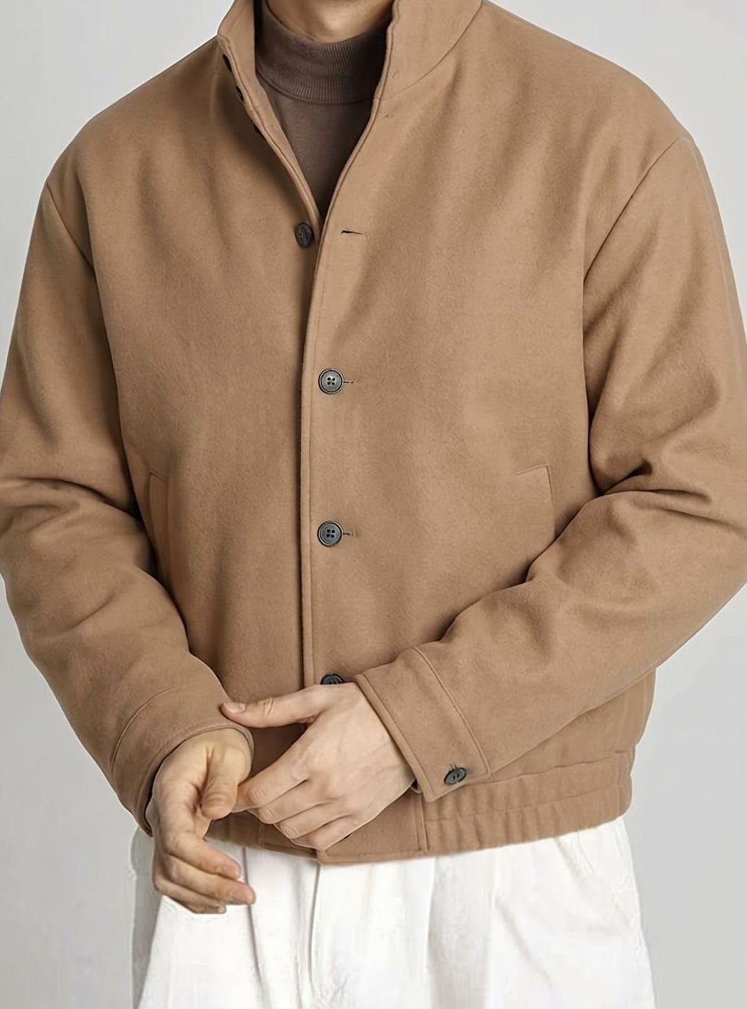 Men's Button-Front Wool-Look Bomber Jacket Stand Collar