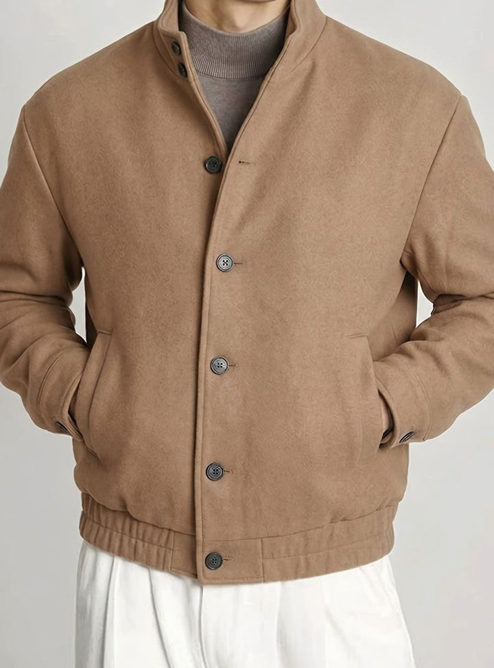 Men's Button-Front Wool-Look Bomber Jacket Stand Collar