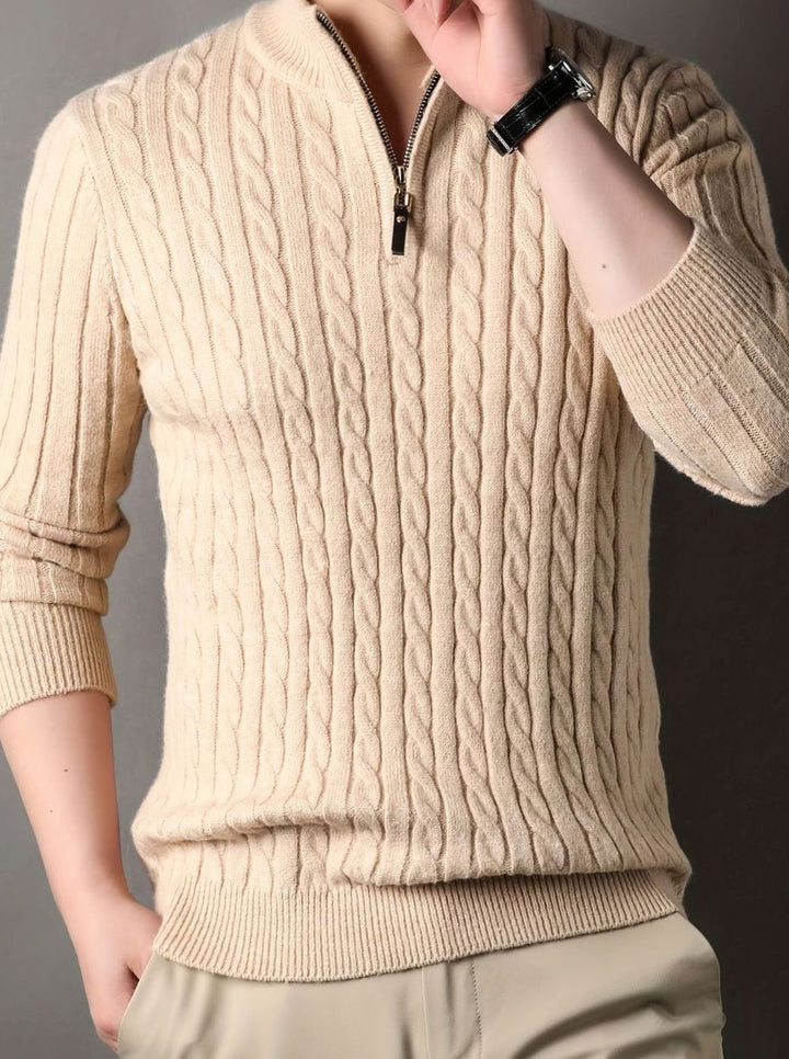 Men's Cable Knit Half-Zip Warm Winter Sweater - Apricot