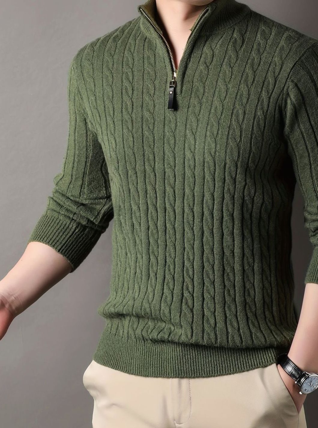 Men's Cable Knit Half-Zip Warm Winter Sweater - Green