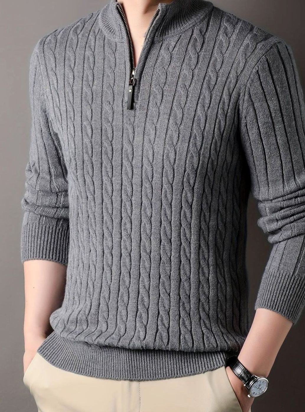Men's Cable Knit Half-Zip Warm Winter Sweater - Grey