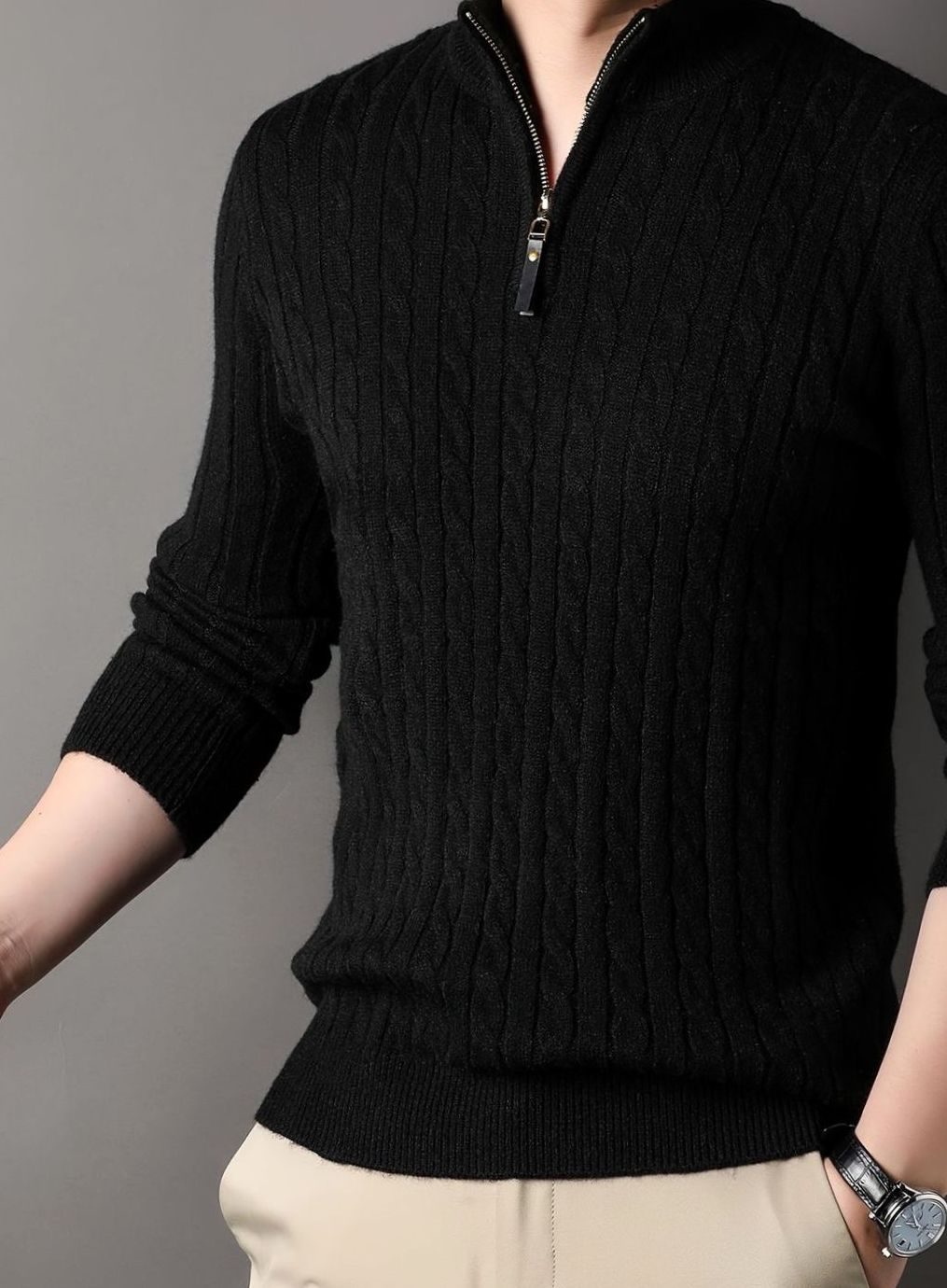 Men's Cable Knit Half-Zip Warm Winter Sweater - Black
