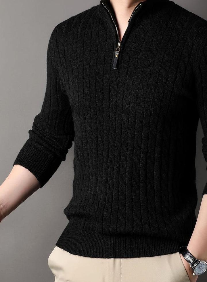 Men's Cable Knit Half-Zip Warm Winter Sweater - Black
